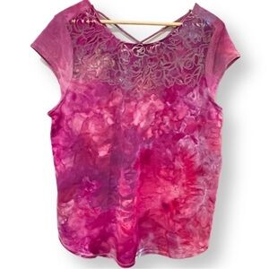 Tie dye top burnout floral cross strap peekaboo back XL pink purple galaxy